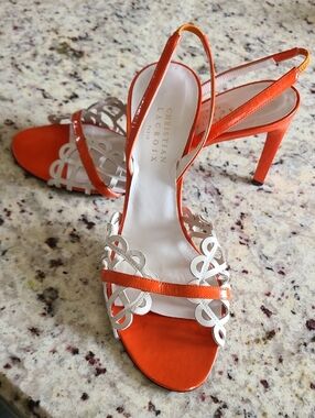 Christian Lacroix Orange and White Strappy Stiletto Sandals